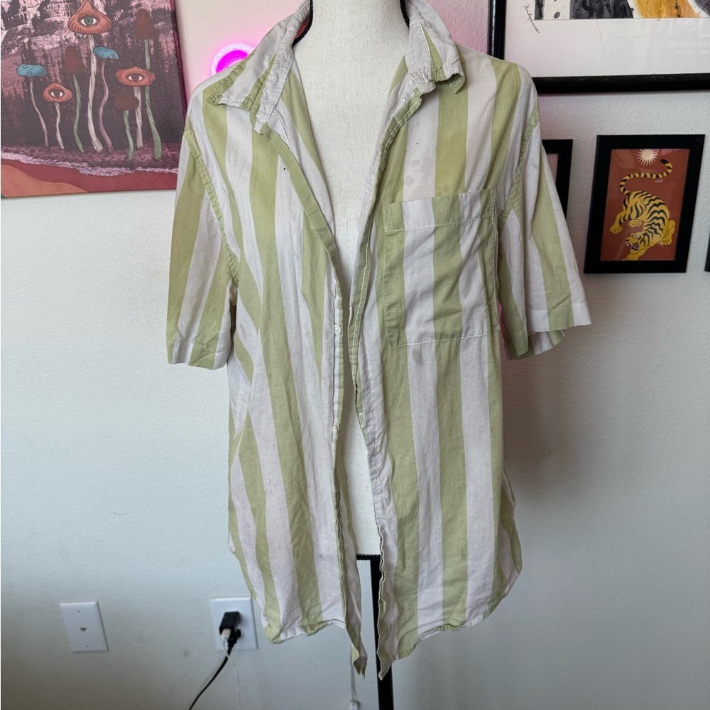 Green and White Striped Button-Up Shirt